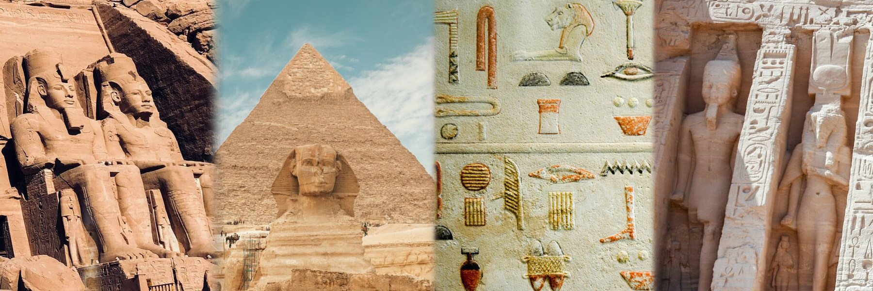 A collage of Egyptian statues, an Egyptian Pyramid, a wall of hieroglyphic text, and more Egyptian statues.